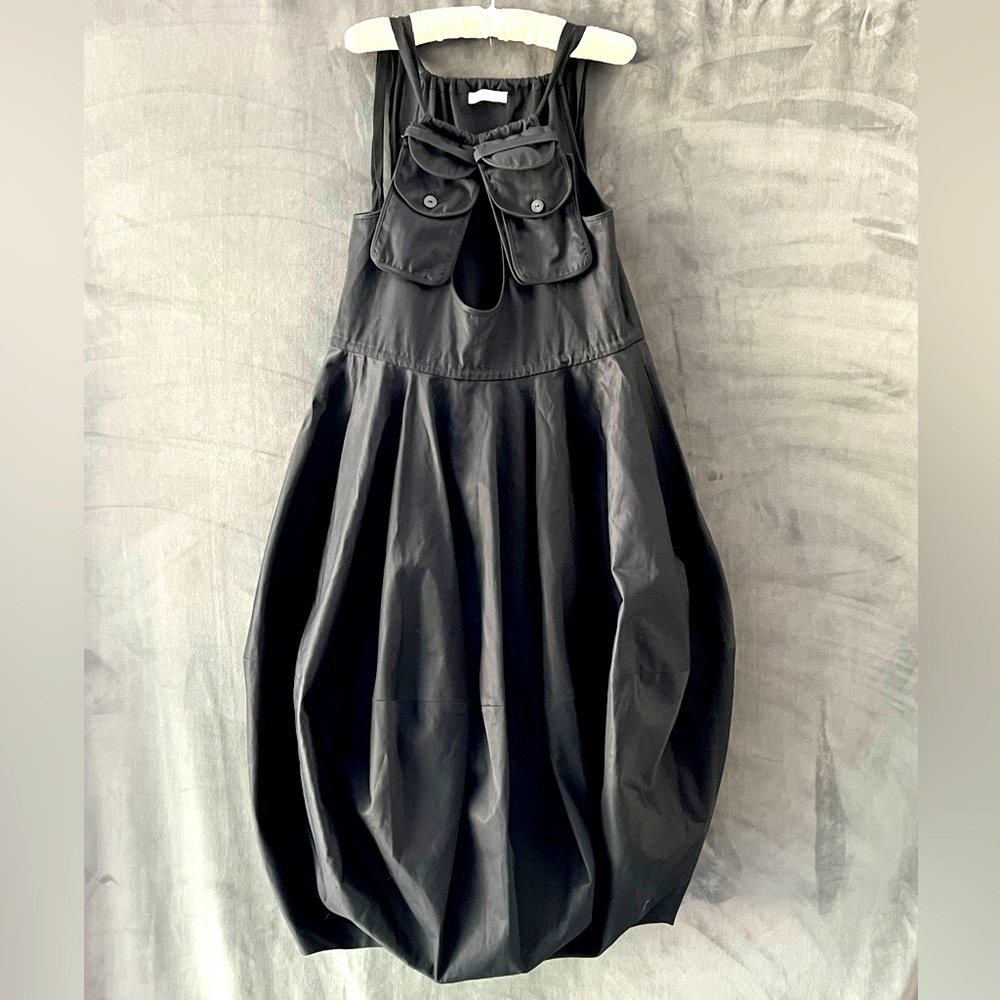JW Anderson designer black satiny shine adjustable shoulder dress. Size 8.